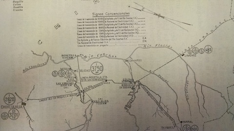 Engineering diagram showing the interconnection of the dam at La Boquilla into the wider Boquilla-Francke grid and types of regional electrical demand. // Enrquez, Oscar R. Desarrollo elctrico-agrcola de los distritos de riego de la Laguna y Delicias y su relacin con el sistema elctrico interconectado de las plantas del Rio Conchos y la termoelctrica de Francke. Irrigacin en Mxico: rgano oficial de la Comisin Nacional de Irrigacin 25, no. 2 (1944): 35.